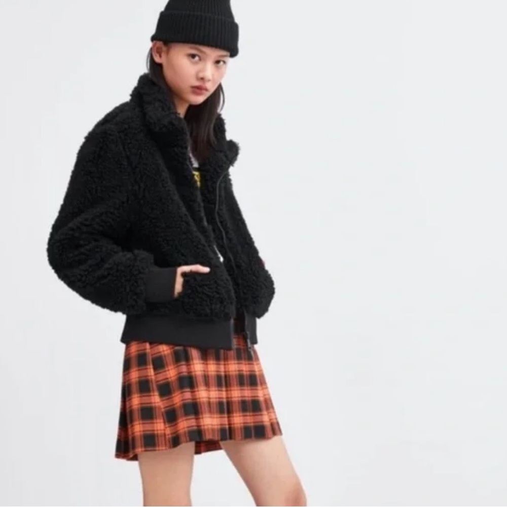 NWT Zara Black Sherpa Full Zip Fleece Bomber Jacket Size S